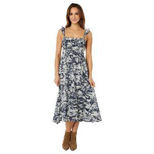 MOON RIVER Printed Ruffle Sleeve Dress with Tunneling Detail Navy MD